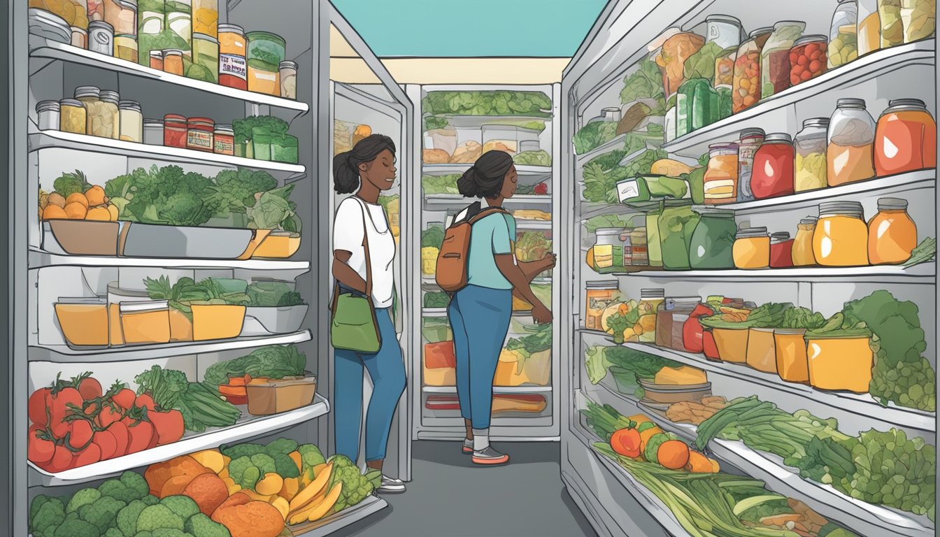 A bustling community fridge filled with fresh produce, canned goods, and other food items, with people coming and going to contribute and take what they need