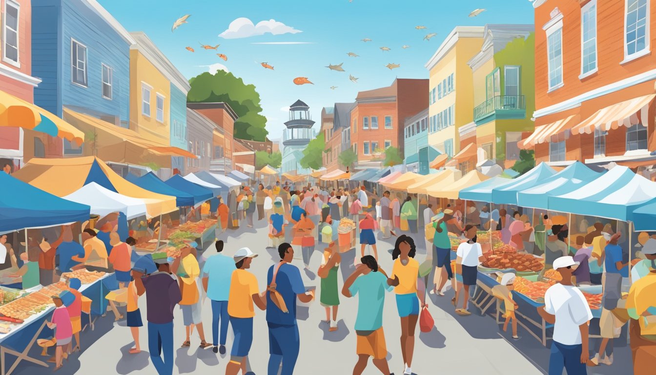 A bustling seafood festival in North Carolina, with colorful food stalls and lively music, surrounded by happy visitors enjoying the culinary experience