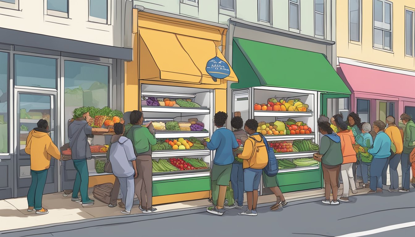 A brightly colored local community fridge in Daly City, CA, surrounded by volunteers stocking it with fresh produce and food items