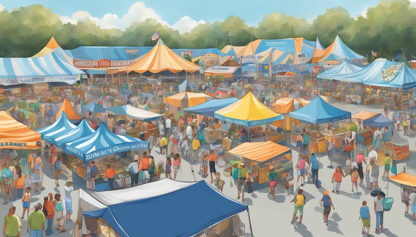 Crowds gather around food vendors and live music stages at the North Carolina Seafood Festival, with colorful tents and banners lining the streets