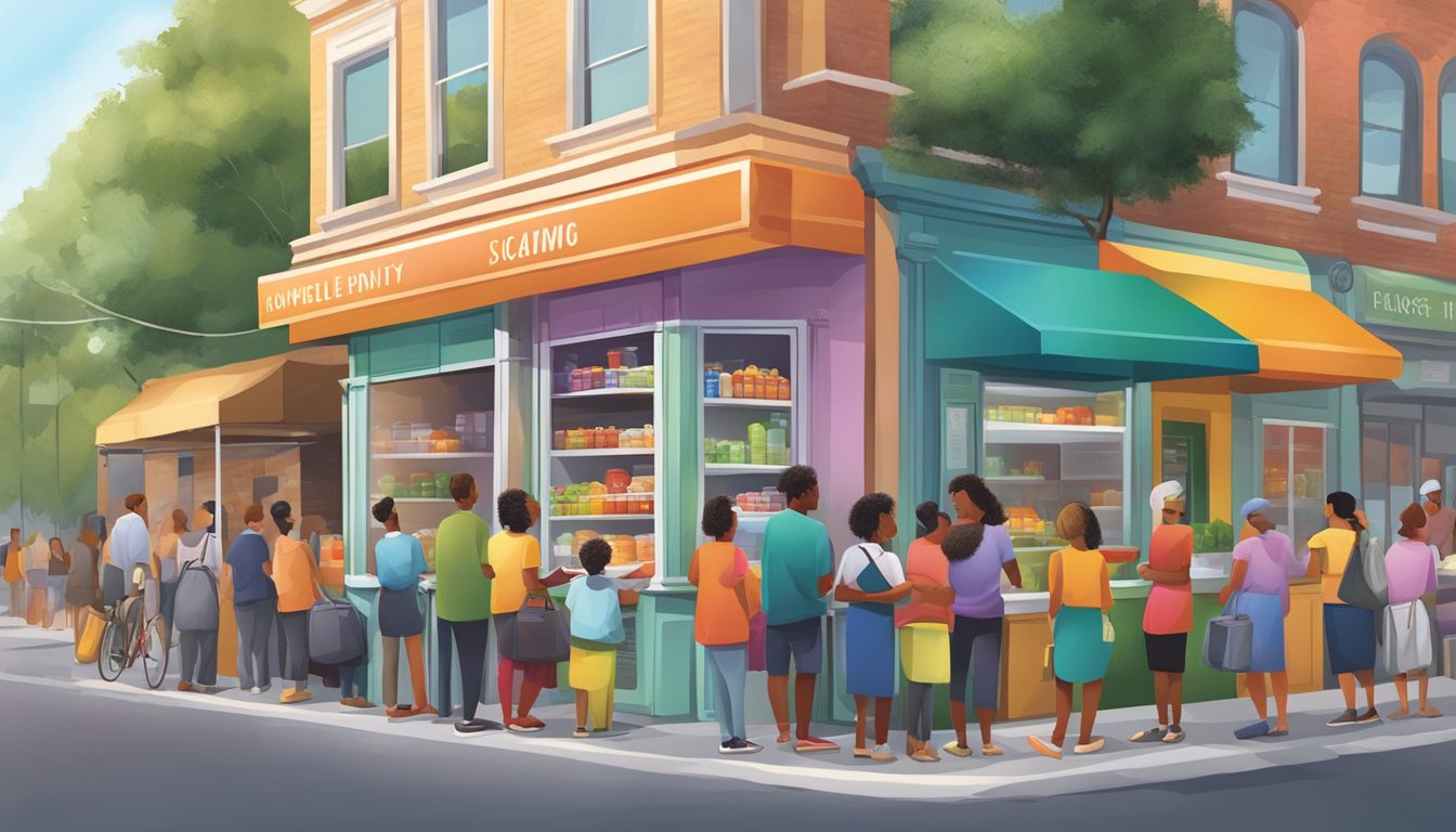 A bustling street corner with a colorful, well-stocked community fridge surrounded by people from diverse backgrounds