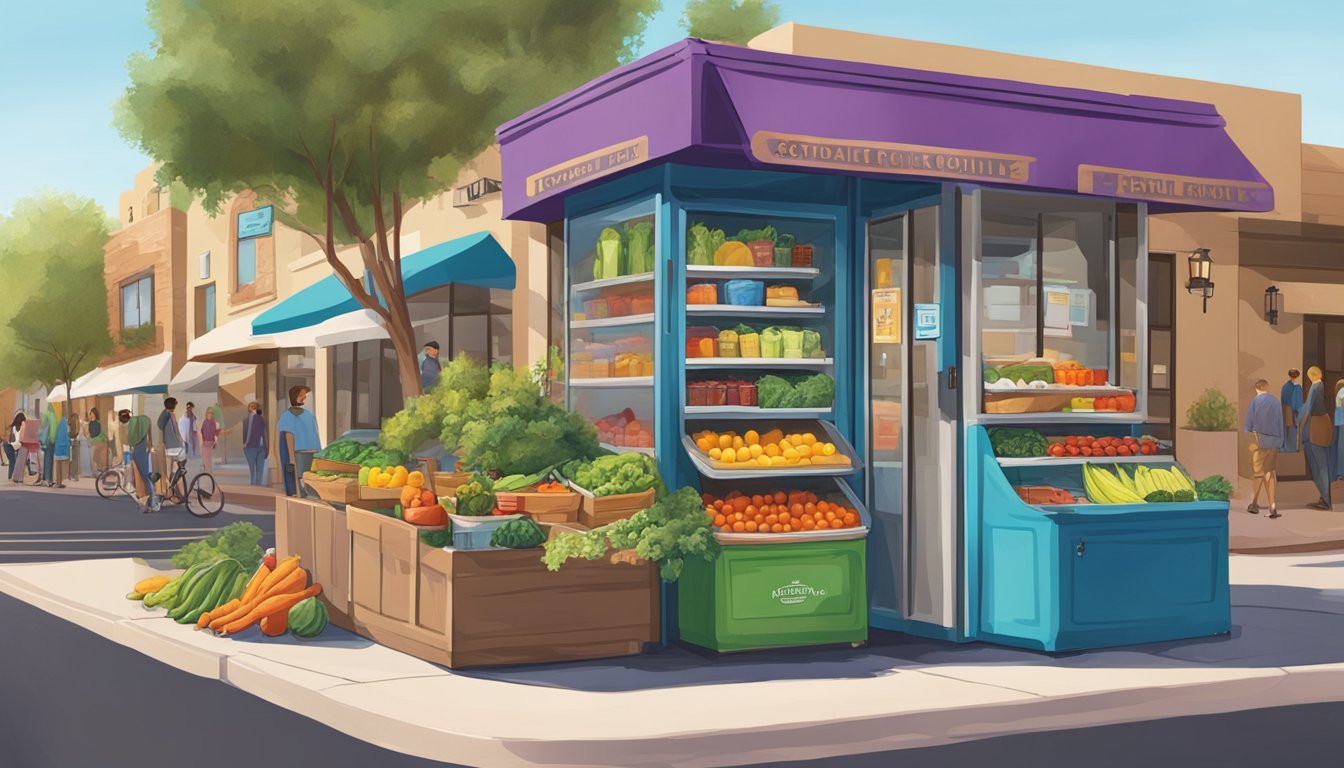 A bustling street corner in Scottsdale, Arizona, with a brightly colored community fridge adorned with local artwork and filled with fresh produce and food items