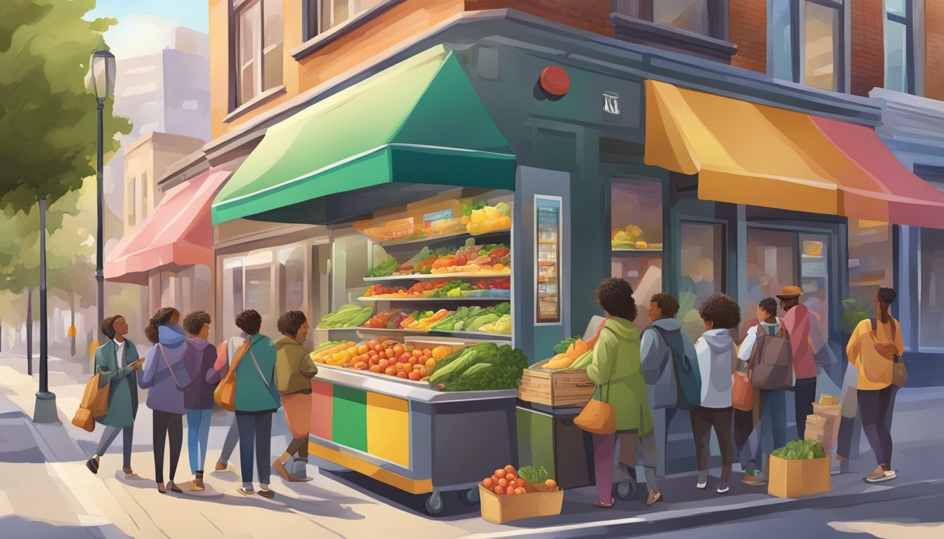 A bustling street corner with a colorful community fridge adorned with various fresh produce and food items, attracting a diverse group of people