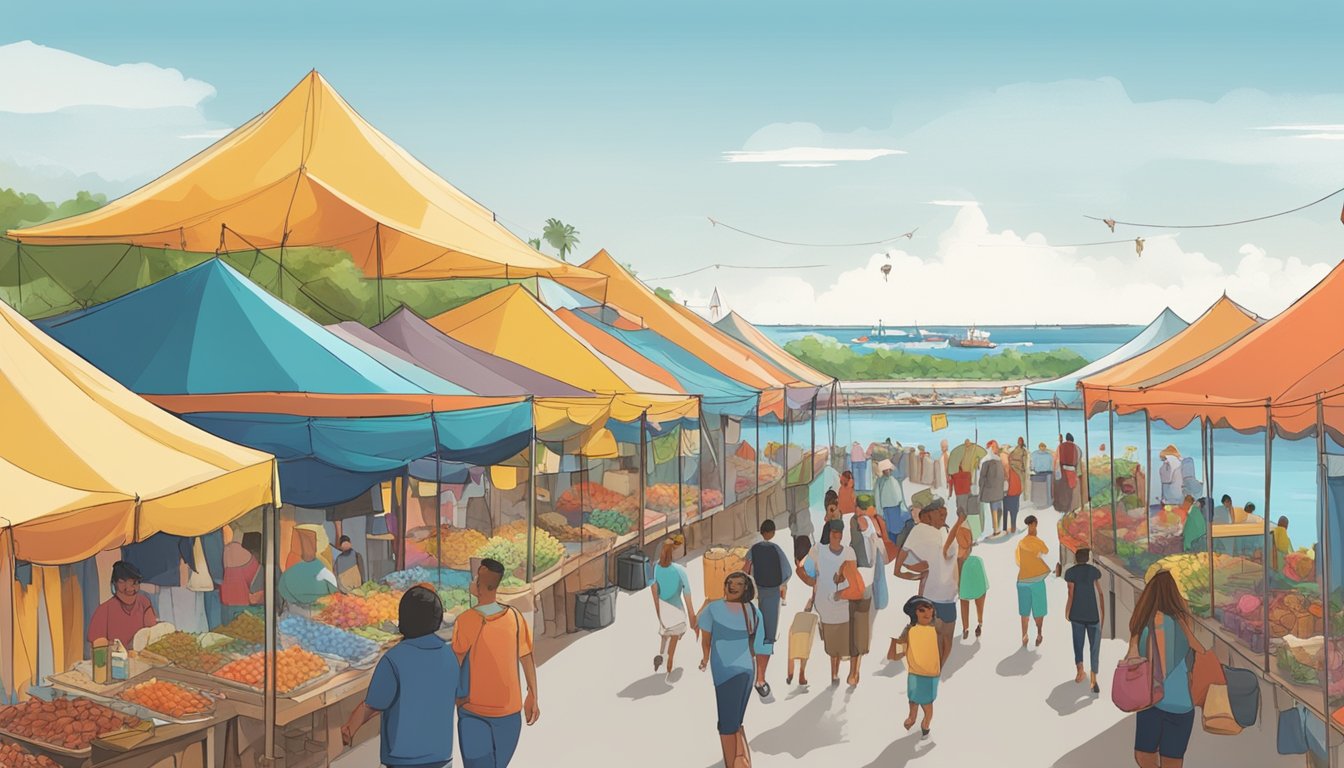 Colorful tents line the waterfront, filled with vendors and visitors. The air is filled with the sounds of live music and the aroma of fresh seafood