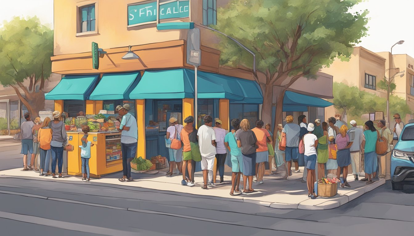 A bustling street corner in Scottsdale, Arizona, with a brightly painted community fridge surrounded by people donating and taking food