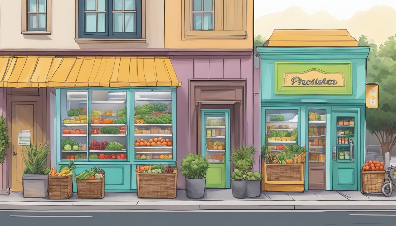 A bustling street corner in Fontana, CA, with colorful community fridges adorned with local artwork and filled with fresh produce and pantry staples