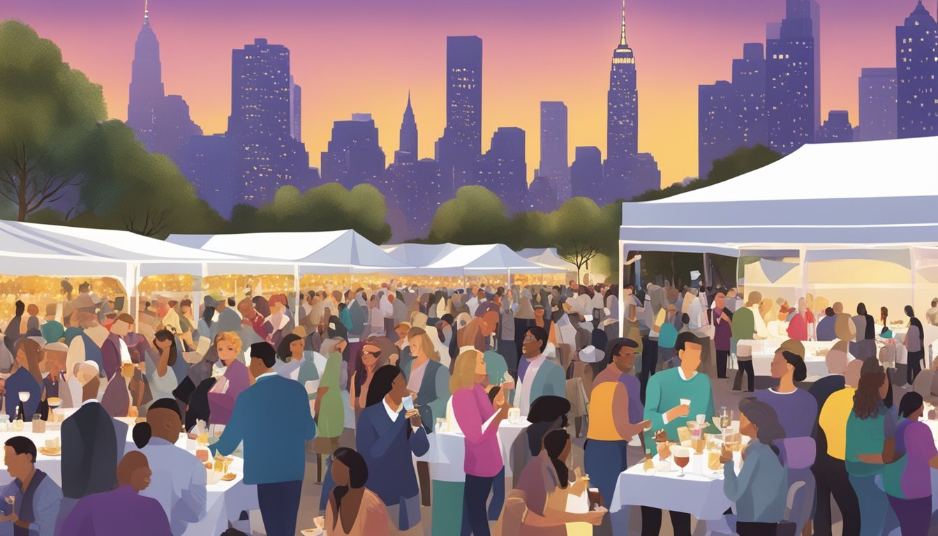 Crowds gather under twinkling lights, sampling gourmet dishes and sipping fine wines at the New York City wine and food festival