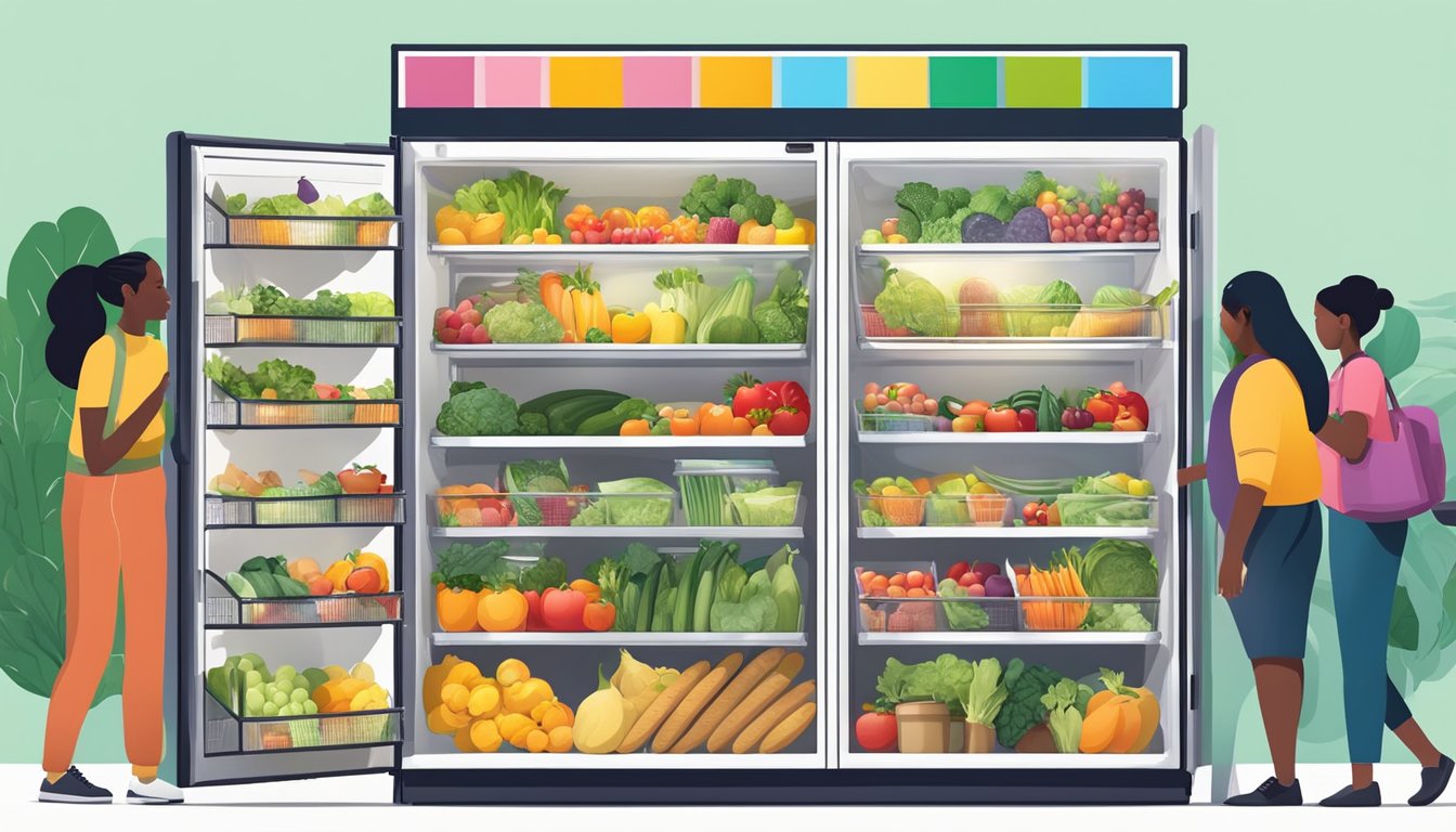 A brightly colored community fridge filled with fresh fruits, vegetables, and other healthy foods, surrounded by a diverse group of people accessing its contents