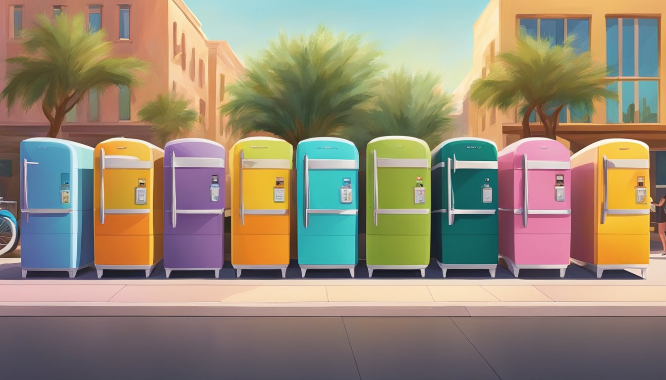 A row of colorful community fridges lined up against a sunny street in Scottsdale, Arizona, filled with various food items and surrounded by eager locals