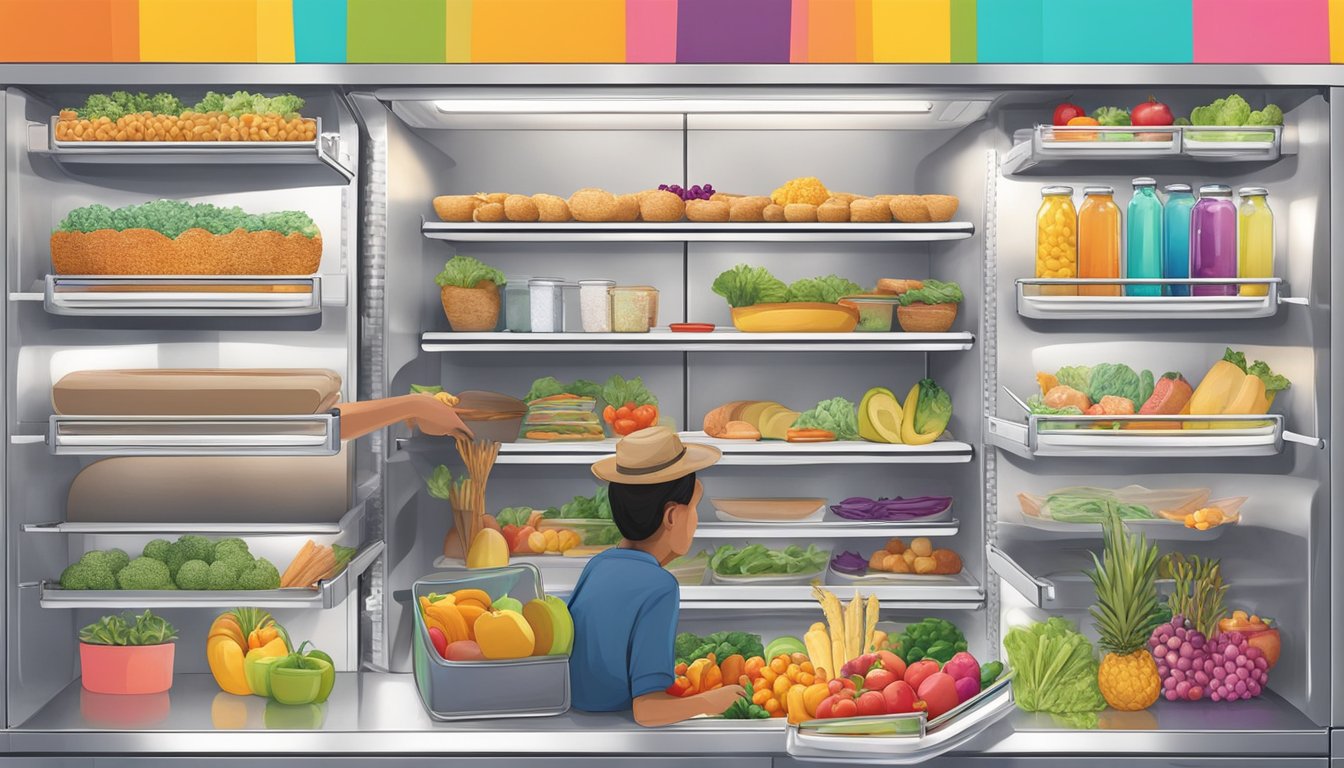 A person placing food inside a colorful, decorated community fridge in Scottsdale, Arizona