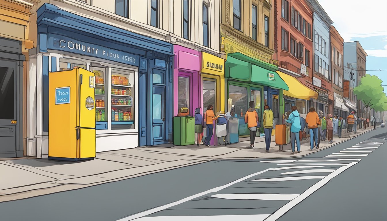 A brightly colored community fridge stands on a busy street corner, surrounded by diverse local businesses and bustling foot traffic