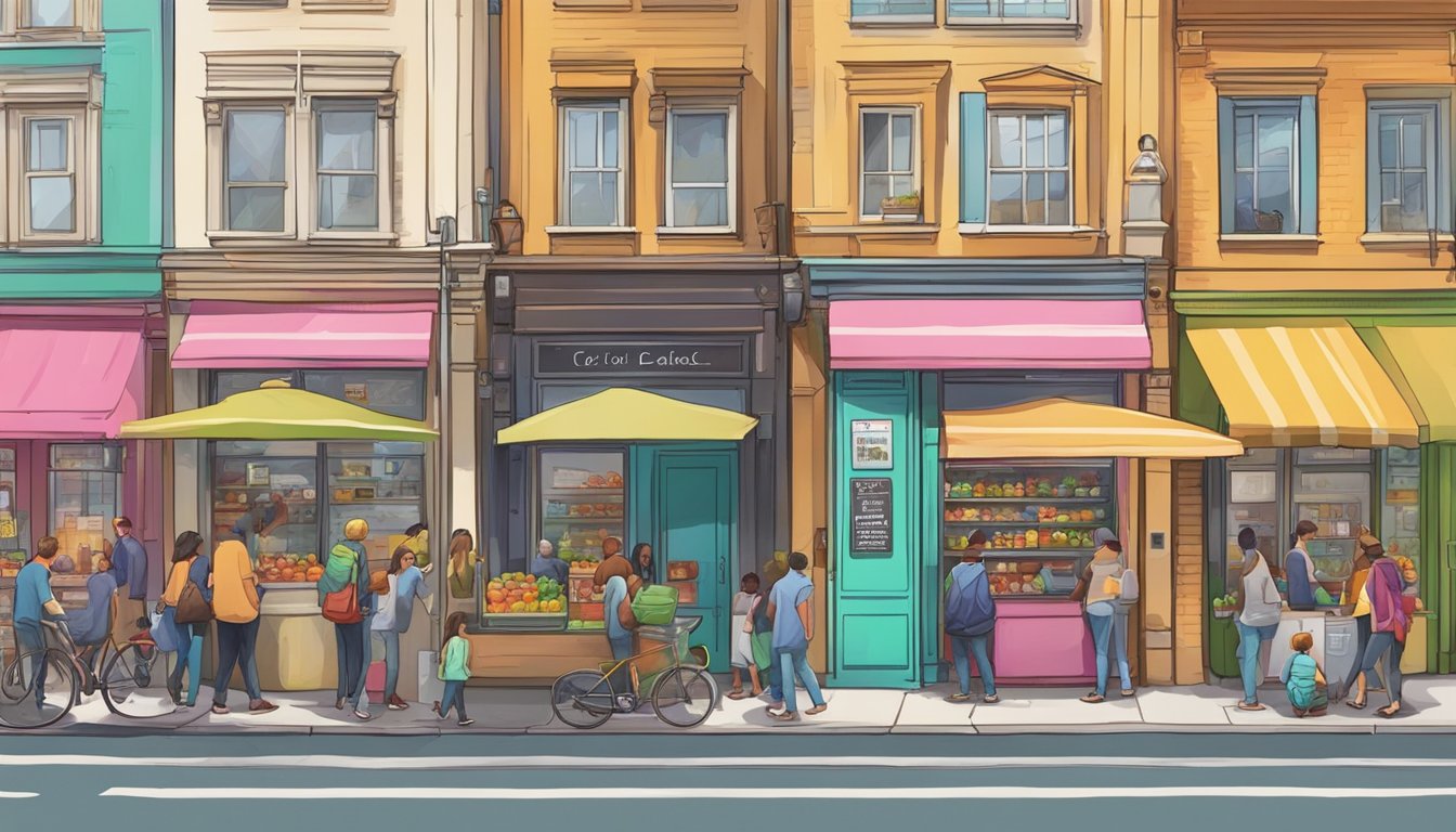 A colorful, bustling street corner with a community fridge surrounded by people donating and taking food