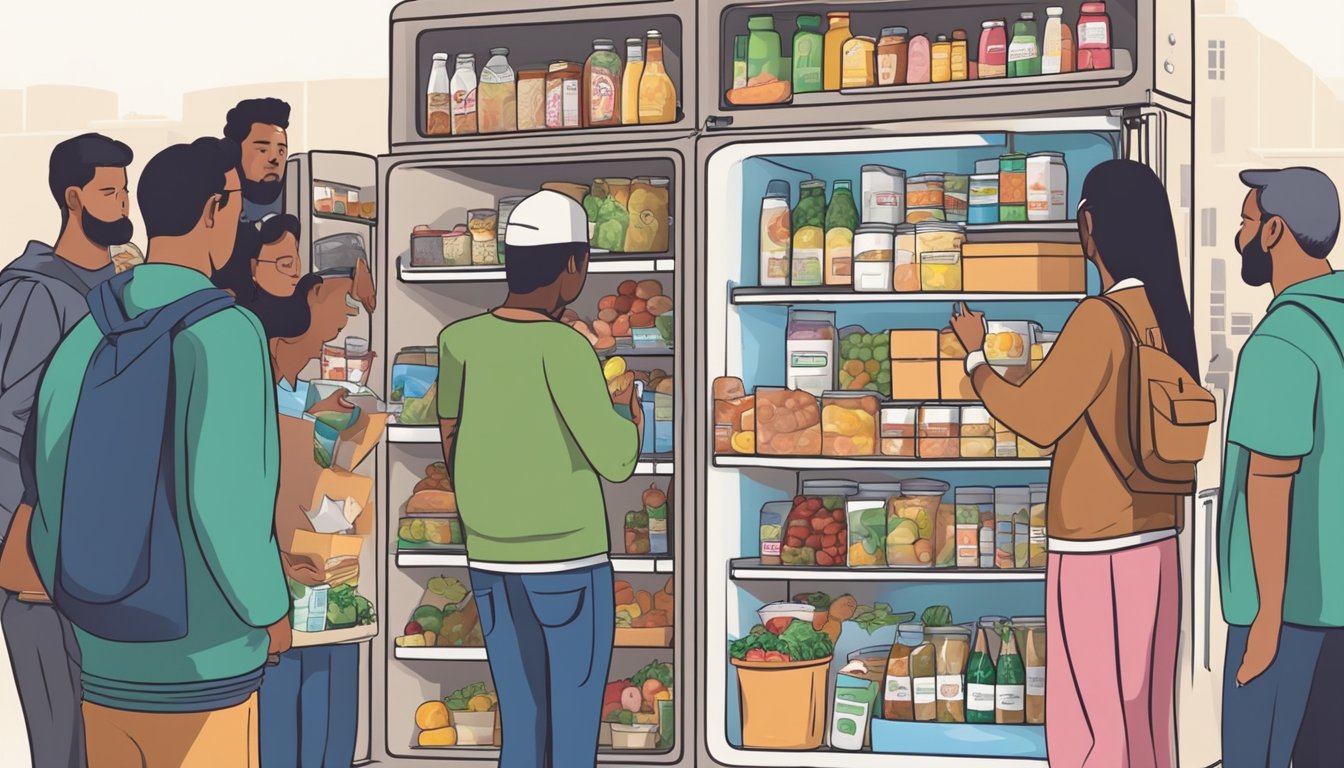 A community fridge with open doors, shelves stocked with various food items, surrounded by a diverse group of people accessing and donating food