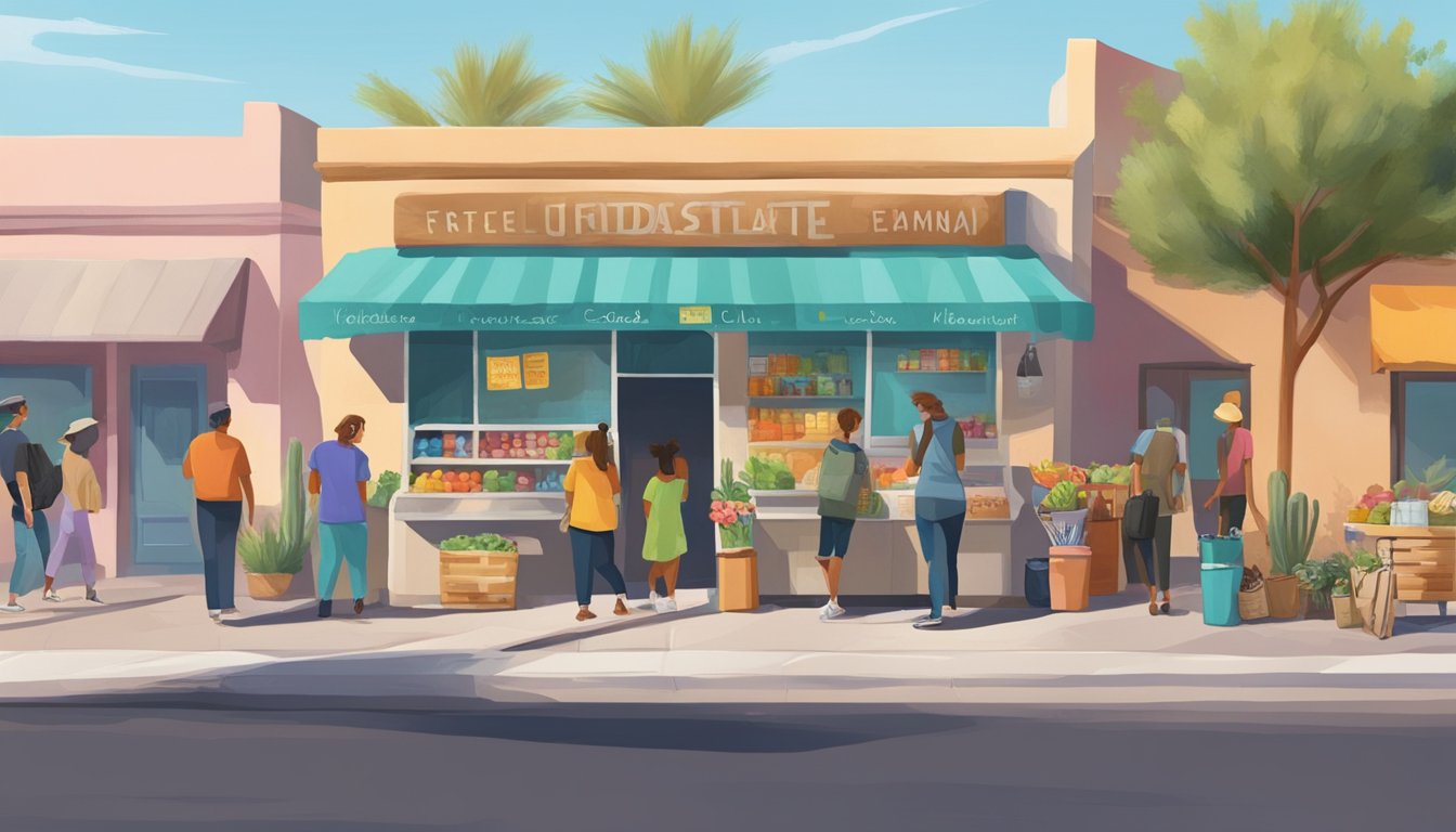 A bustling street corner in Scottsdale, Arizona, with a colorful and inviting community fridge surrounded by eager locals donating and taking food