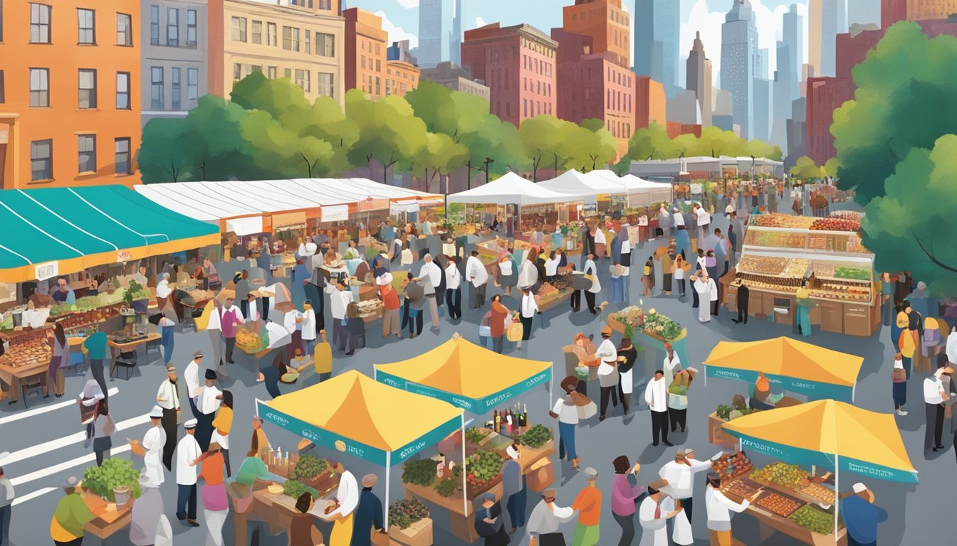 The bustling New York City Wine Food Festival, with chefs showcasing innovative culinary trends, surrounded by a vibrant array of food and wine vendors