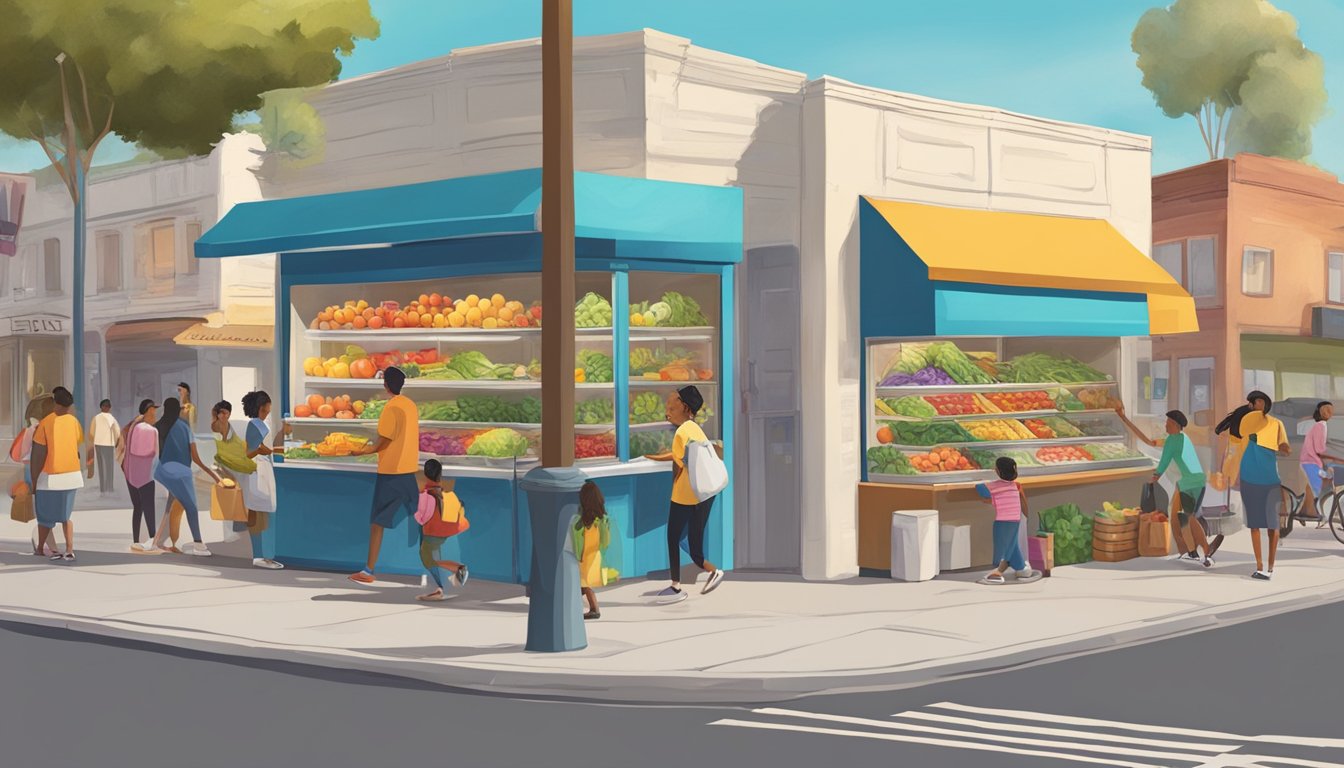 A bustling street corner in El Monte, CA, with a colorful community fridge adorned with fresh fruits and vegetables, and people coming and going to contribute or take items