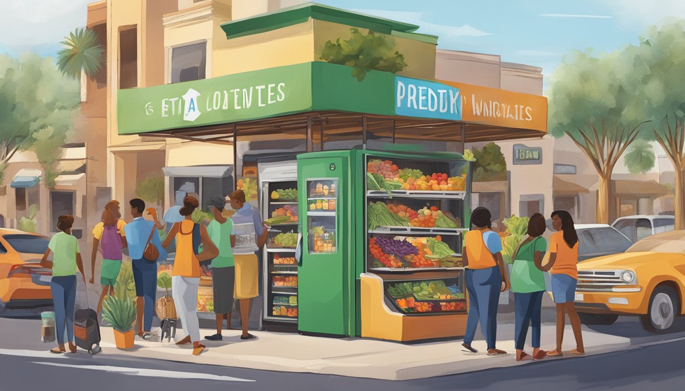 A bustling street corner in Scottsdale, AZ, with a brightly painted community fridge filled with fresh produce and pantry items, surrounded by a diverse group of people accessing its resources