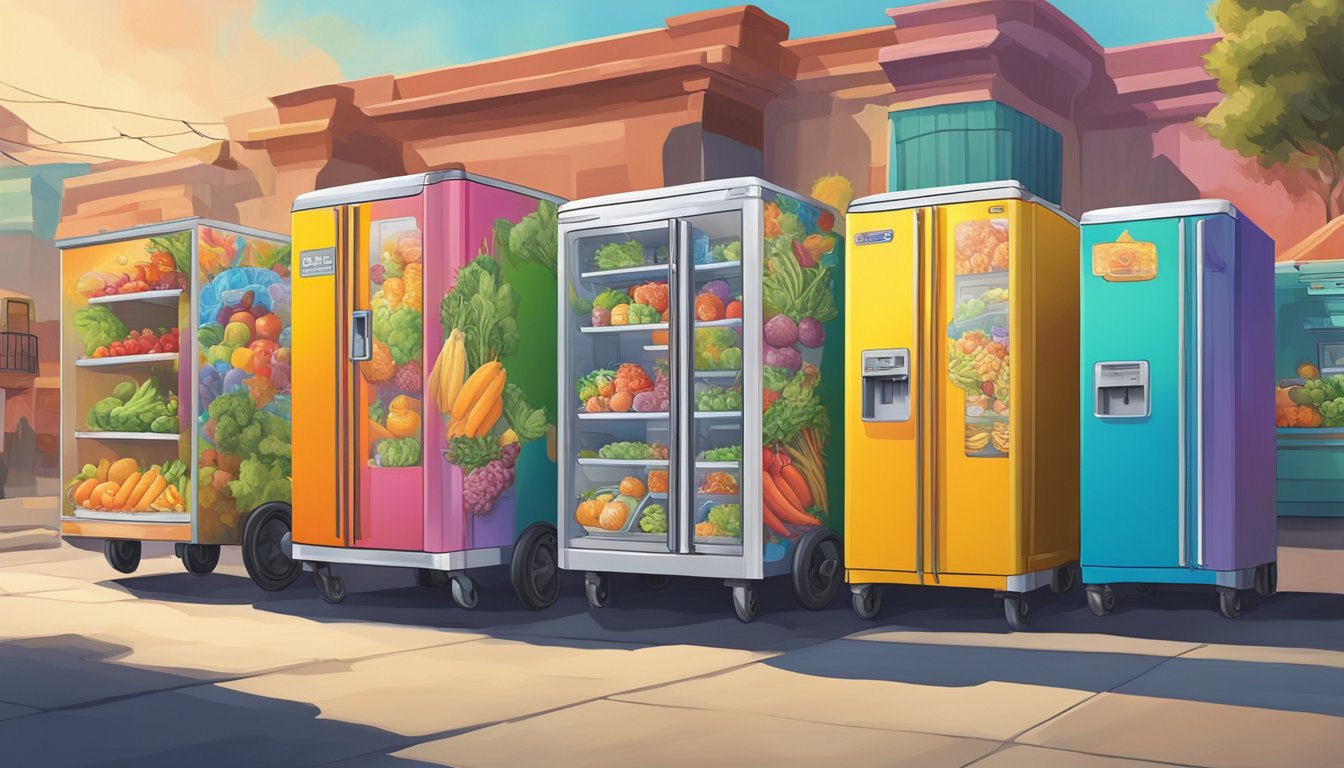 A row of colorful community fridges stands against a vibrant mural backdrop in El Monte, CA. People come and go, stocking the fridges with fresh produce and other food items