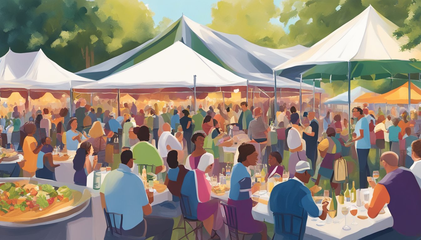 A bustling outdoor wine and food event in New Orleans, with colorful tents, live music, and people enjoying gourmet cuisine and wine tastings