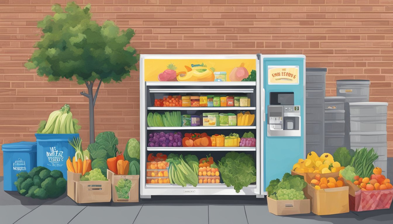 The El Monte Community Fridge stands against a colorful mural, filled with fresh produce and packaged goods. People drop off donations and take what they need, fostering a sense of community