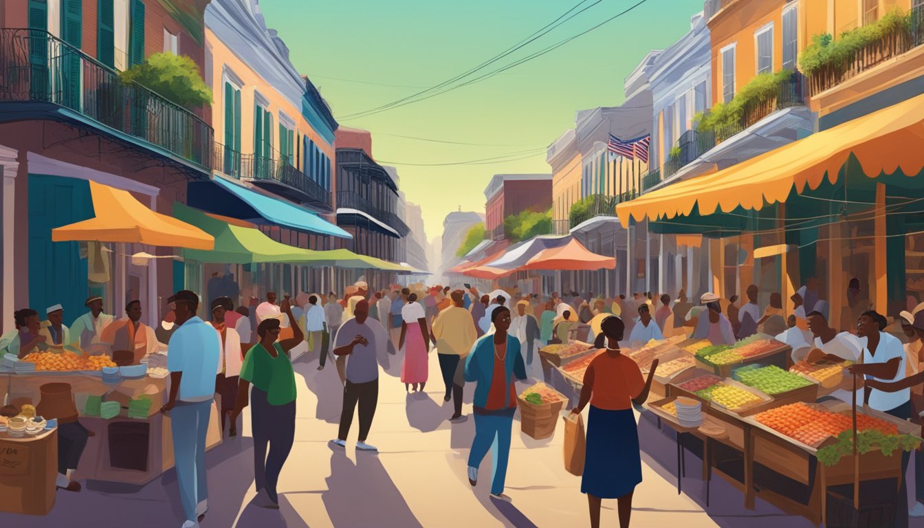 A bustling New Orleans street filled with colorful food stalls and wine vendors, with the aroma of Cajun spices and the sound of lively jazz music in the air