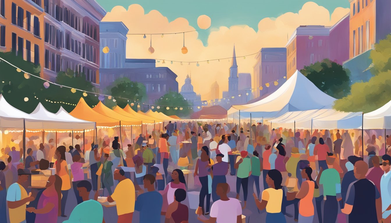 A bustling outdoor event with wine and food vendors under colorful tents, surrounded by lively music and crowds of people enjoying the New Orleans atmosphere