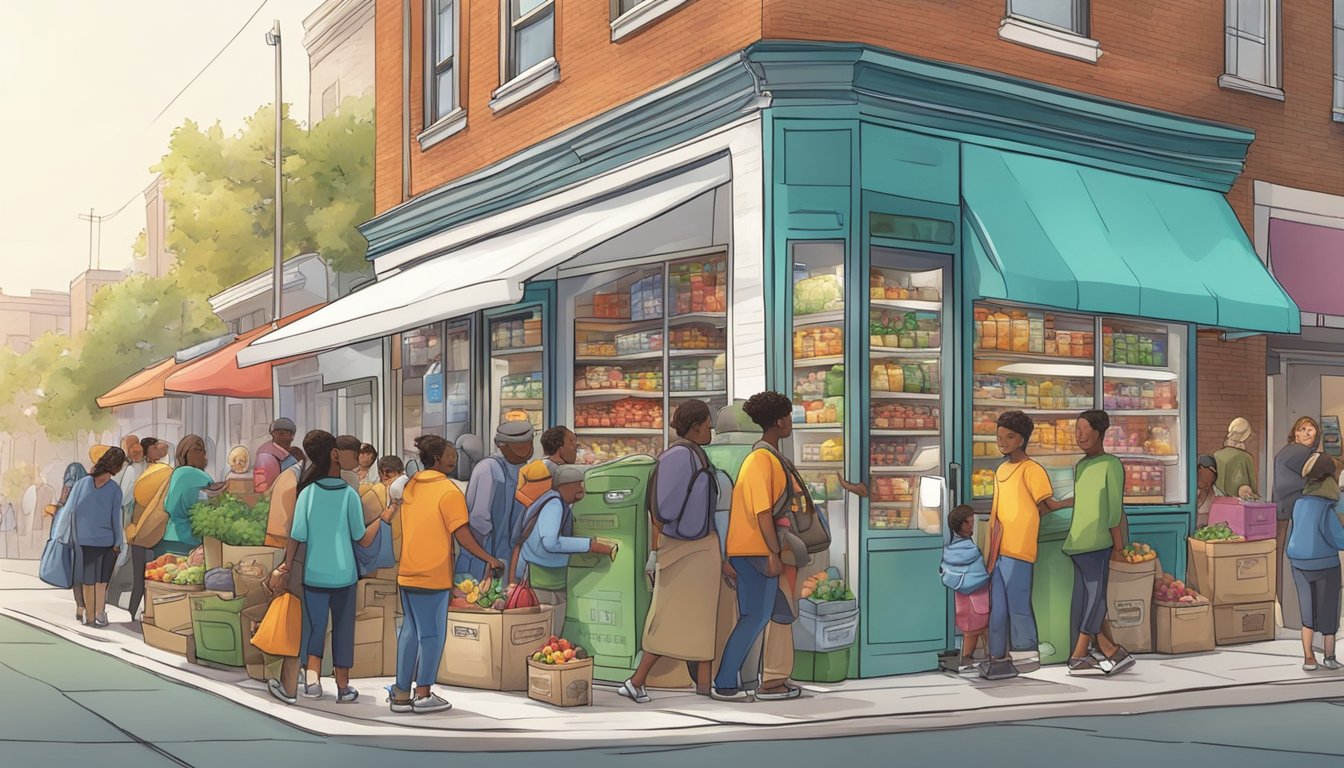 A bustling street corner with a colorful, well-stocked community fridge surrounded by diverse individuals dropping off and picking up food items