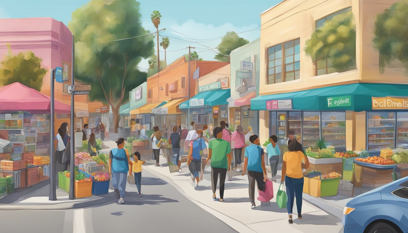 A bustling street in El Monte, CA, with a variety of local businesses and a colorful community fridge guide prominently displayed