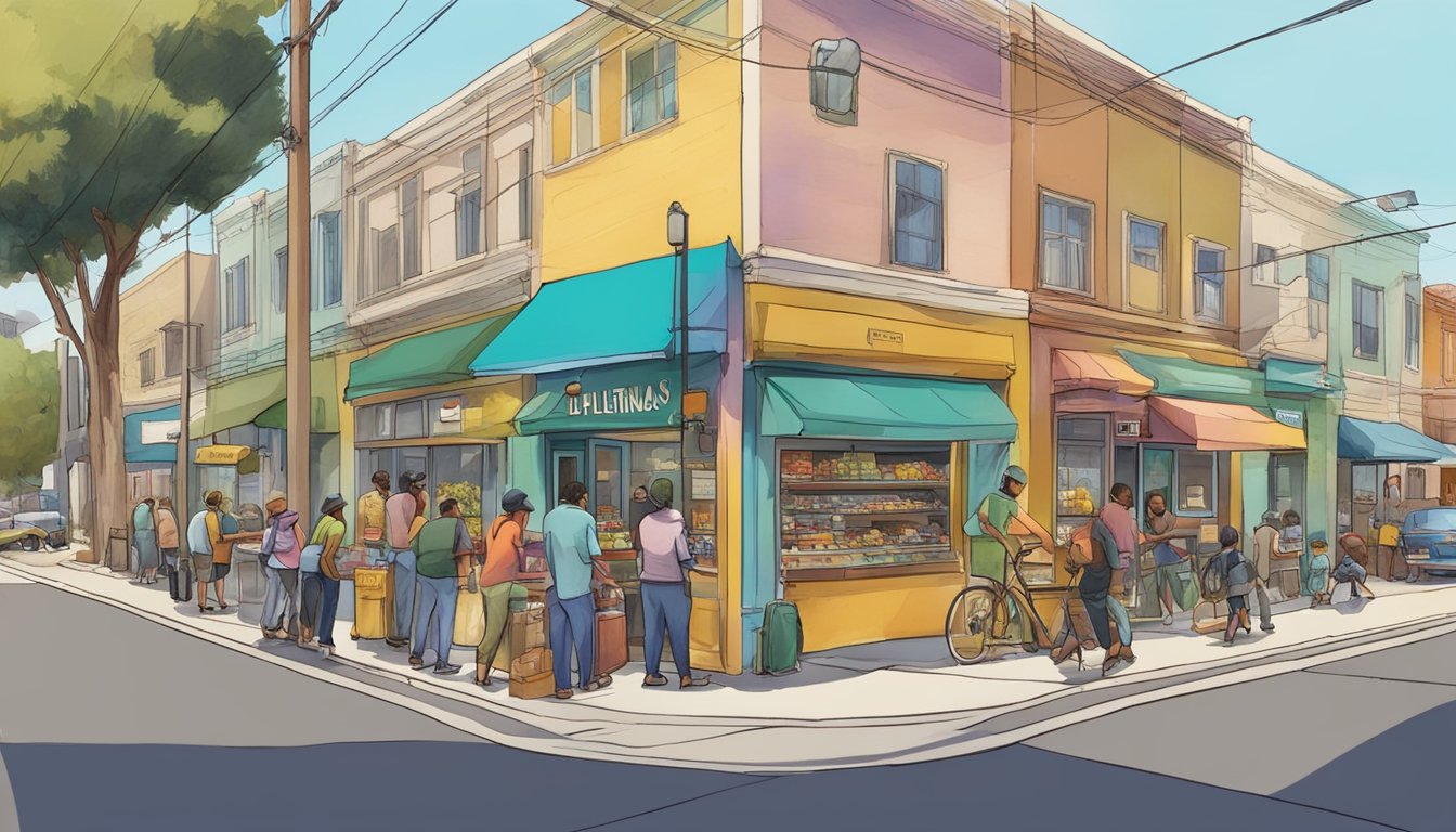 A bustling street corner in Fullerton, California, with a colorful community fridge surrounded by people exchanging food items