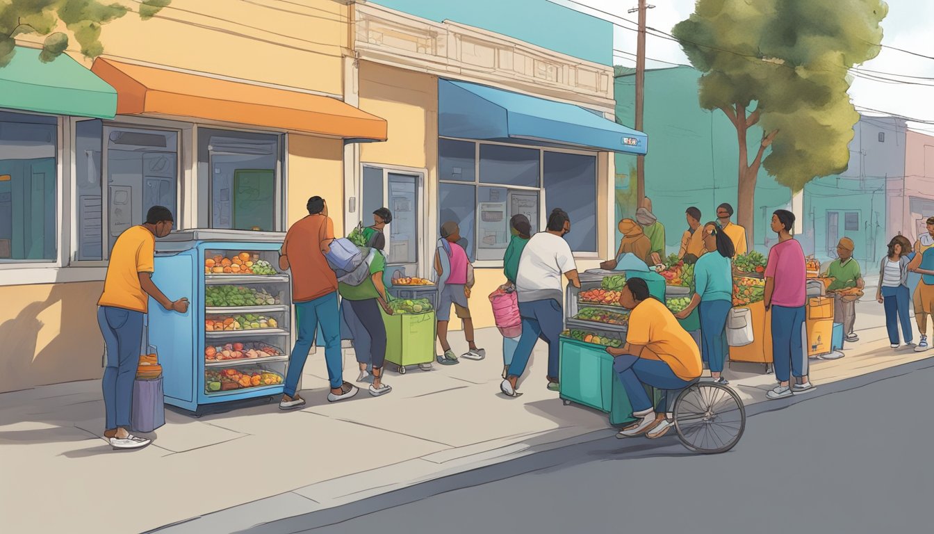 A bustling street corner in El Monte, CA, with a brightly colored community fridge surrounded by eager volunteers and locals exchanging food items