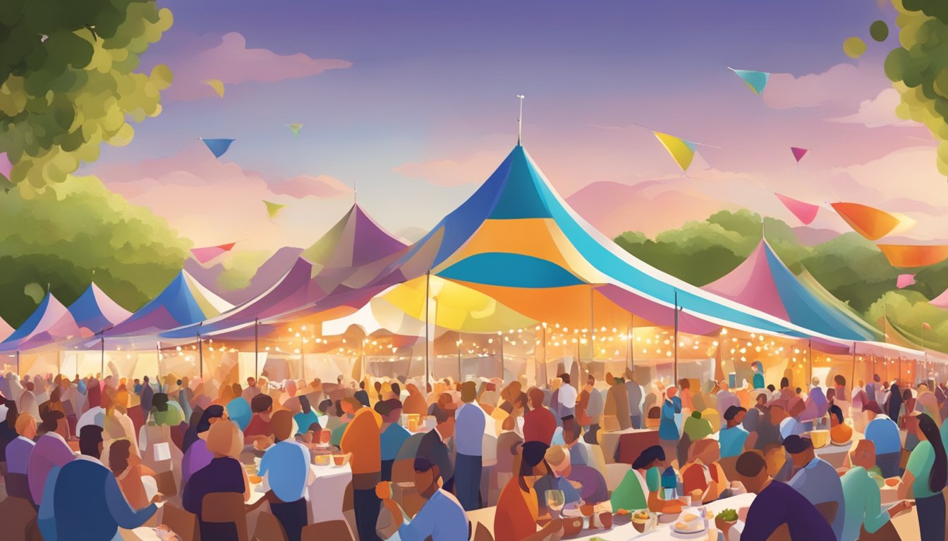 A bustling food and wine festival with colorful tents, bustling crowds, and chefs preparing gourmet dishes. Wine glasses clinking and the aroma of delicious food fills the air