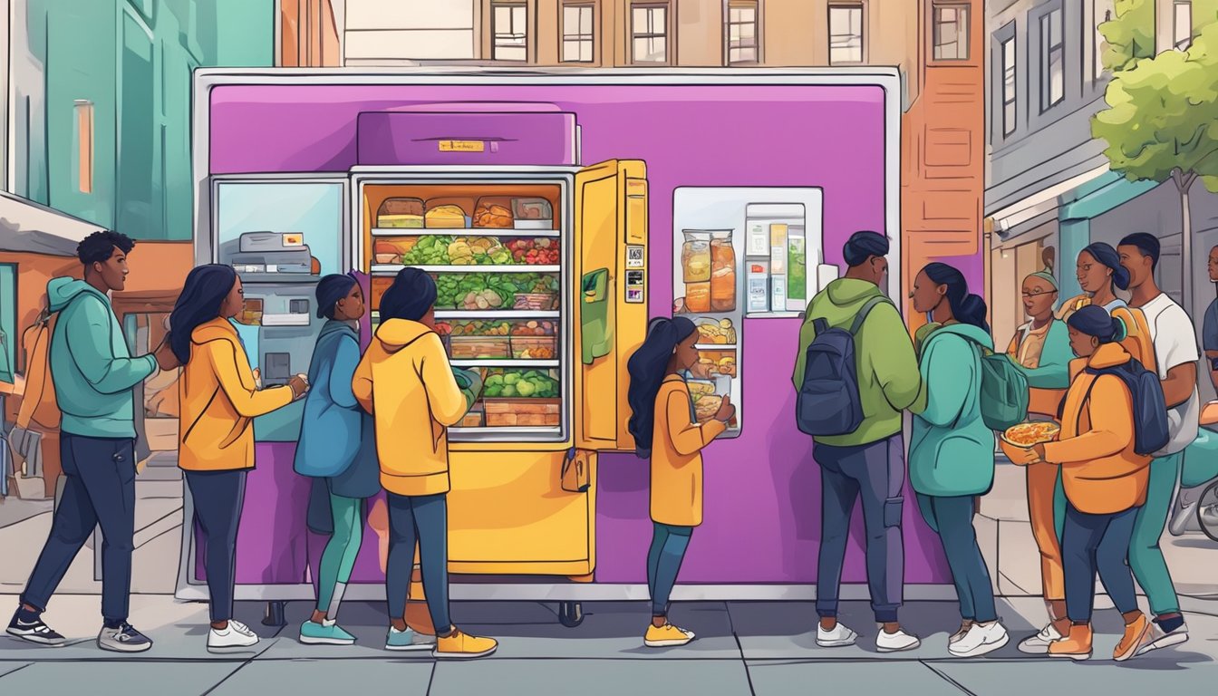 A diverse group of people donating and taking food from a brightly colored community fridge in a busy urban setting