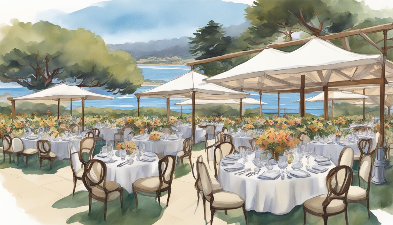 A lavish outdoor dining event at Pebble Beach Food & Wine Festival, with elegant table settings, gourmet food, and wine tastings