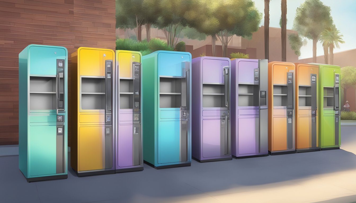 A row of colorful community fridges in Fullerton, CA, with contact information displayed prominently