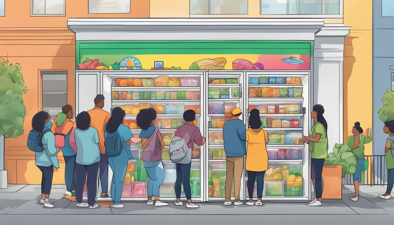 A brightly colored community fridge surrounded by people donating and taking food items in a bustling Fullerton, CA neighborhood