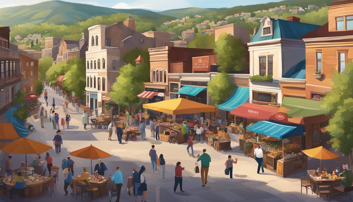 A bustling park city with wine and food vendors, surrounded by classic architecture, and filled with the lively atmosphere of wine culture