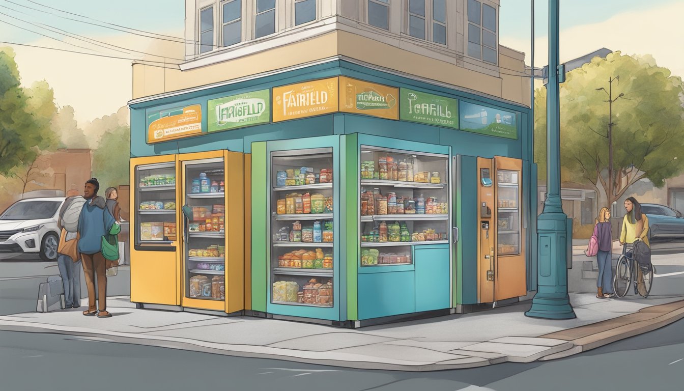 A community fridge sits on a sidewalk in Fairfield, CA, surrounded by a diverse array of local businesses and accessible to all