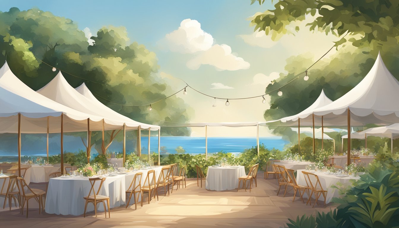 A coastal setting with elegant tents and tables, surrounded by lush greenery and the sound of clinking glasses