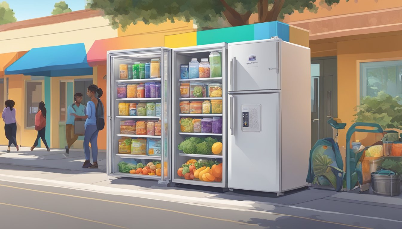 A brightly colored community fridge surrounded by diverse support resources in Fullerton, CA