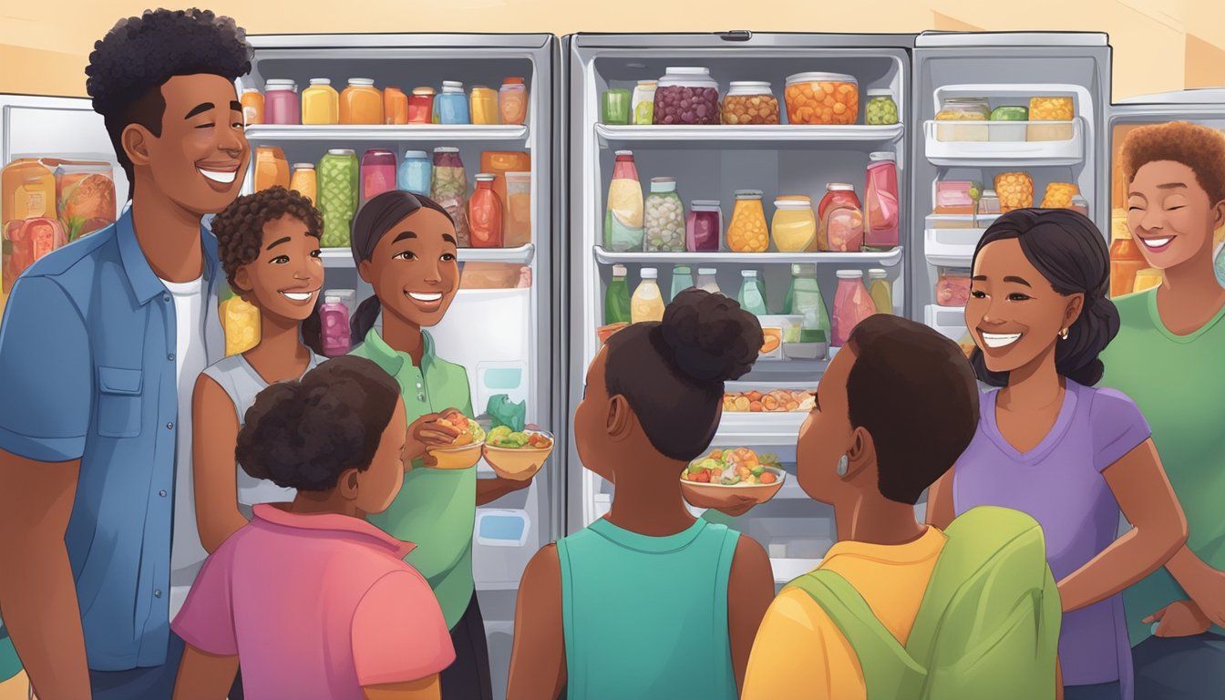 A diverse group of people from the Fairfield community gathers around a brightly colored, well-stocked community fridge, exchanging food and sharing smiles