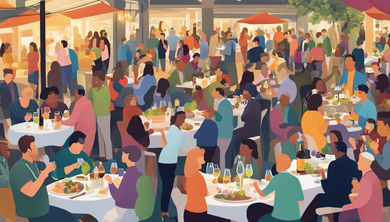 A bustling wine and food event in Seattle, with people sampling and enjoying various wines and gourmet dishes in a lively, vibrant atmosphere