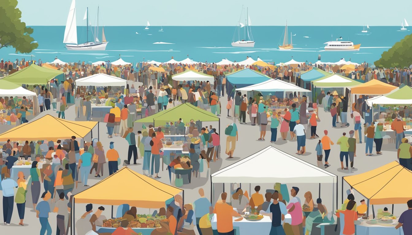 A crowded outdoor food and wine festival with tents, tables, and people sampling dishes and drinks. The ocean is visible in the background