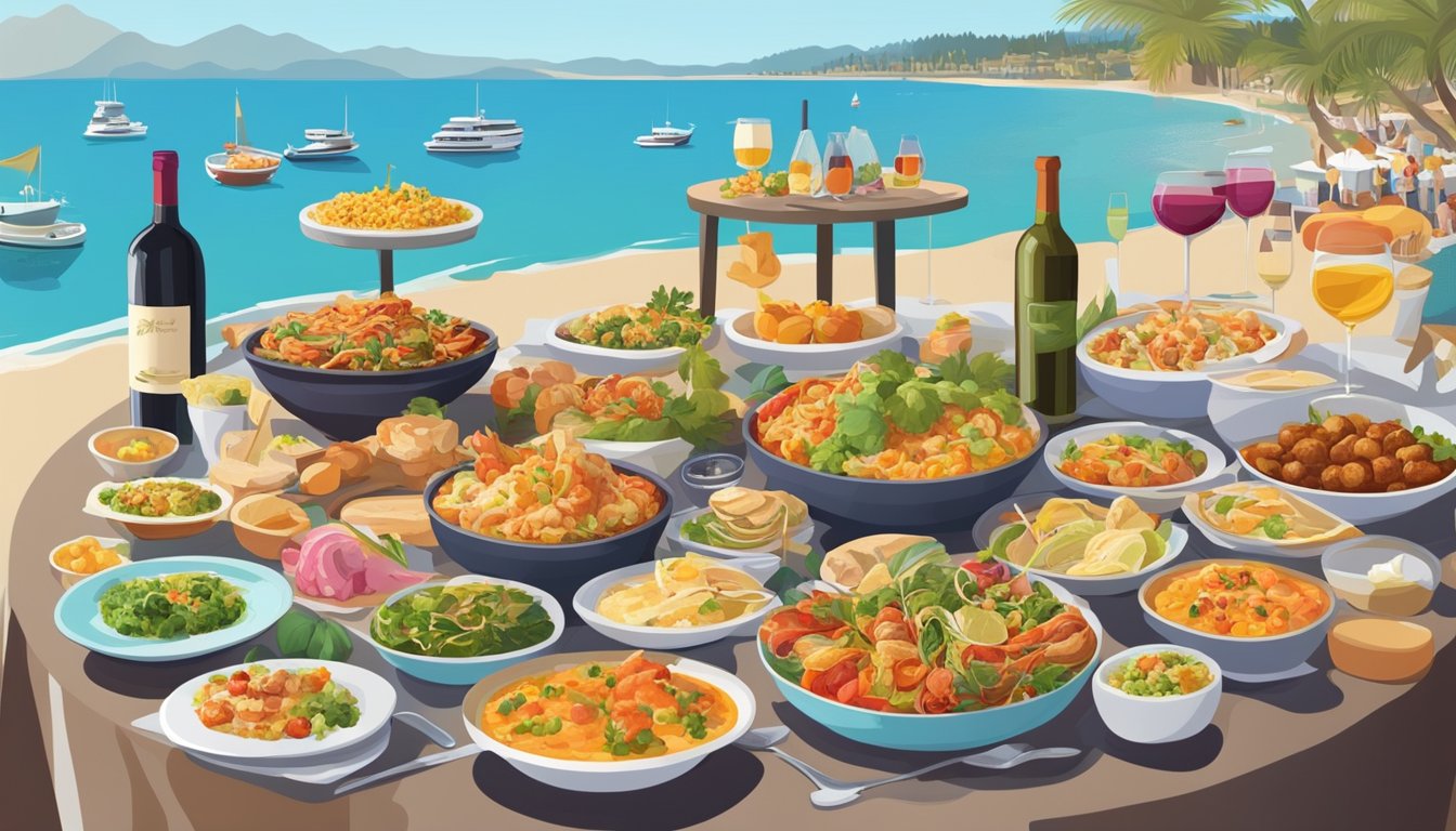 A colorful array of international cuisines and wines displayed on a pebble beach at a food and wine festival