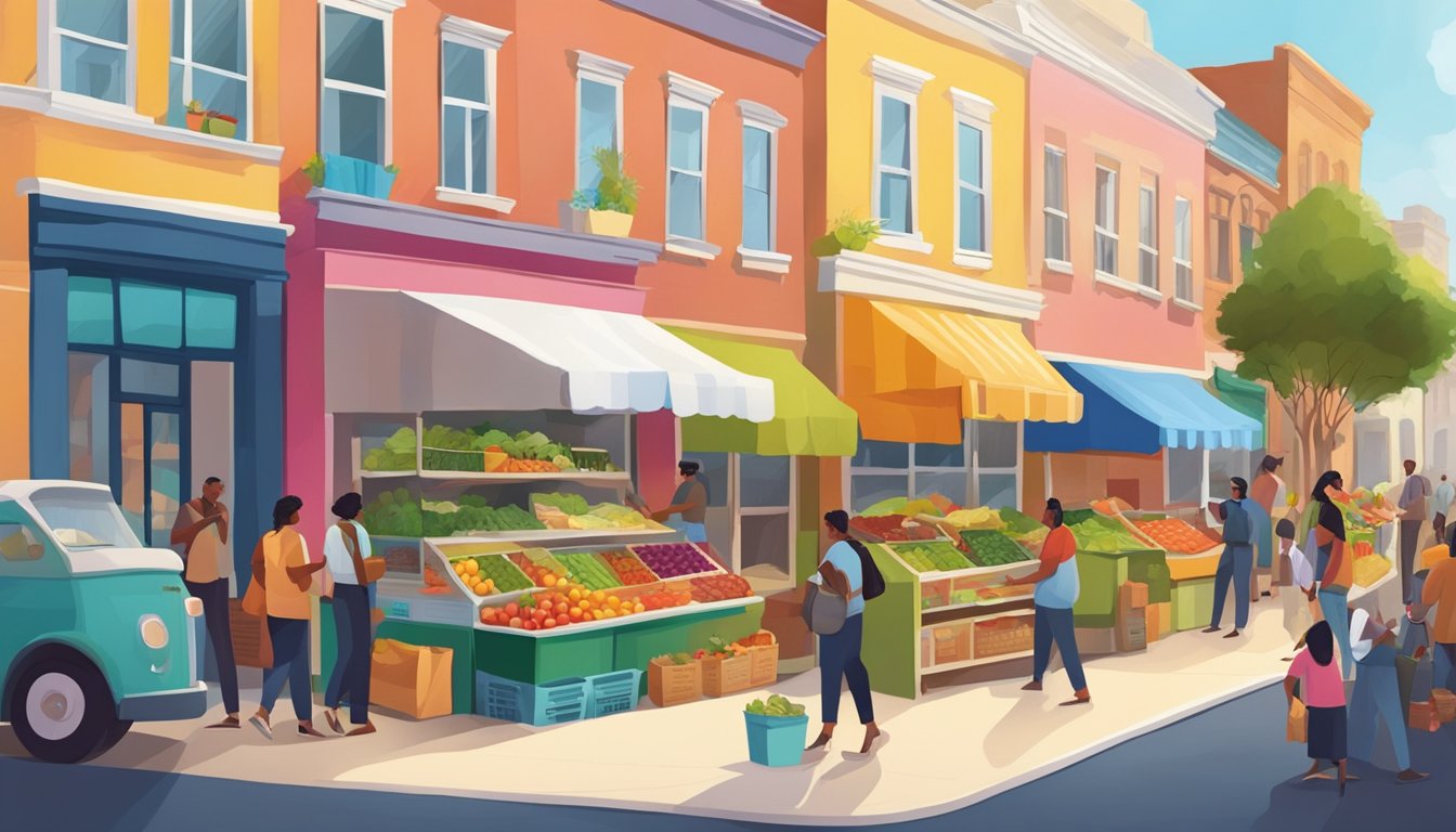 A bustling street corner with a colorful, decorated refrigerator filled with fresh produce and food items, surrounded by a diverse group of people exchanging goods