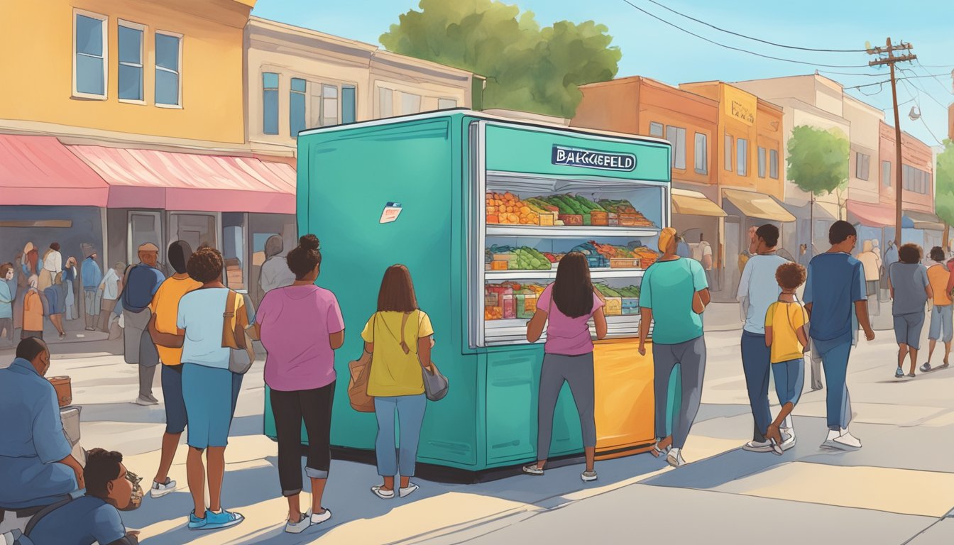 A bustling street in Bakersfield, CA with a colorful community fridge surrounded by people donating and taking food