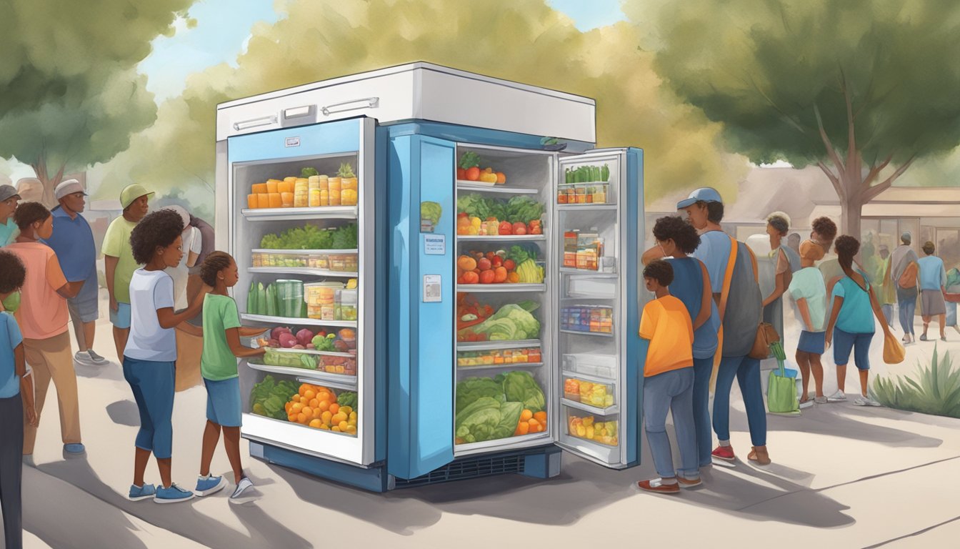 A community fridge stands in a Bakersfield neighborhood, filled with fresh produce and packaged goods, surrounded by people coming to donate and take food