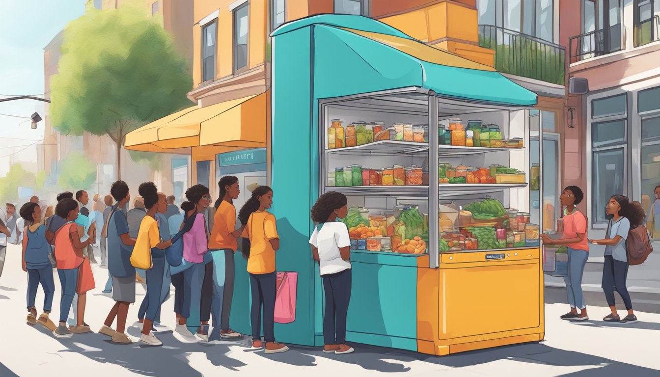 A bustling street corner with a brightly colored community fridge surrounded by a diverse group of people donating and taking food items