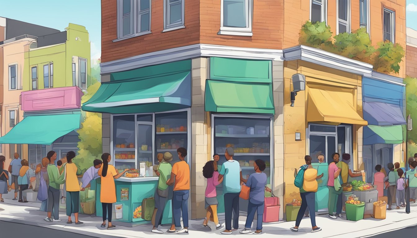 A bustling street corner with a colorful community fridge surrounded by people donating and taking food