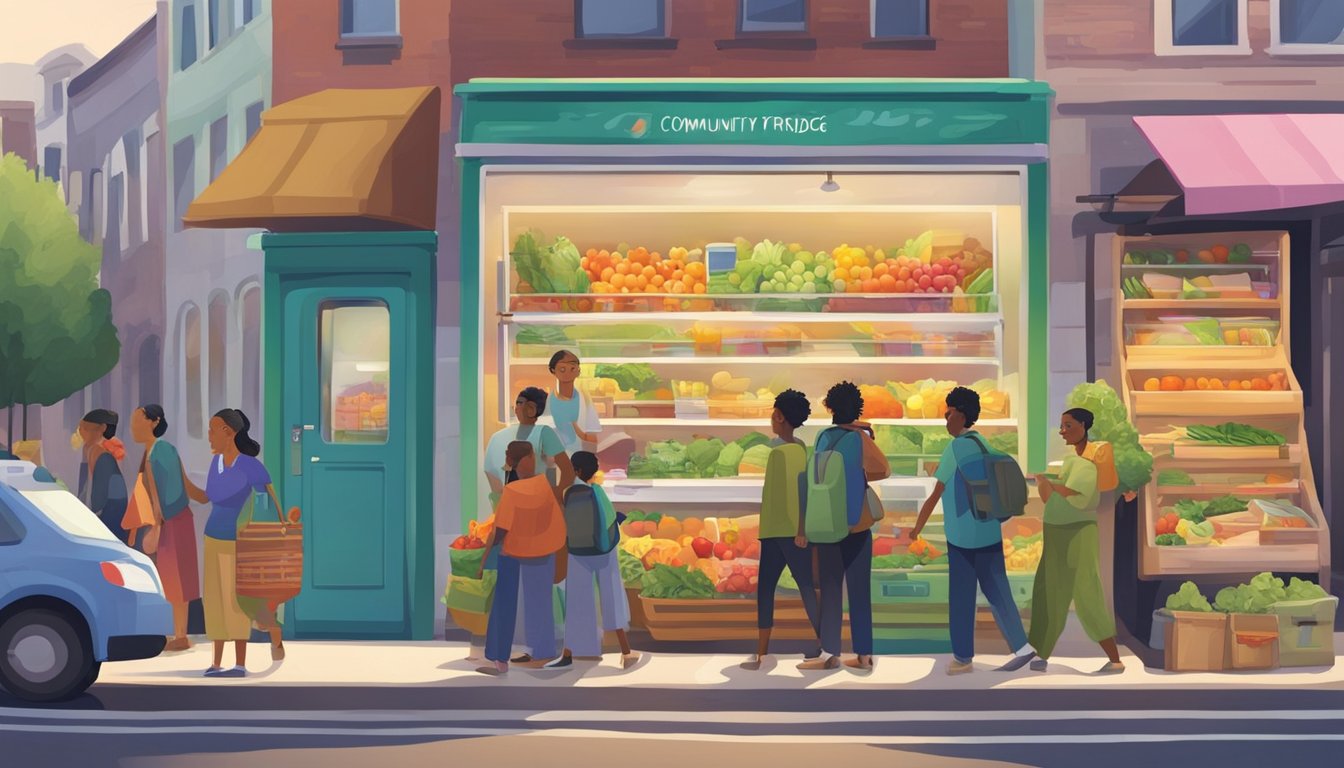 A bustling street corner with a colorful community fridge adorned with signs and filled with fresh produce and groceries. People of all ages and backgrounds gather to contribute and take from the fridge