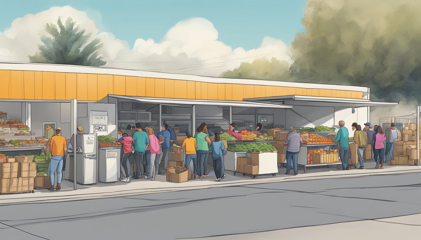 A bustling local food distribution hub in Bakersfield, CA, with people contributing to a community fridge